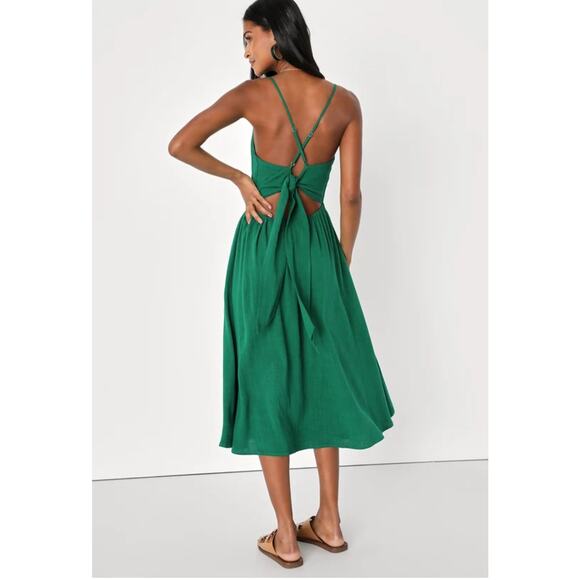 Lulus Warm Afternoons Green Linen Tie Back Midi Dress With Pockets - Picture 4 of 11